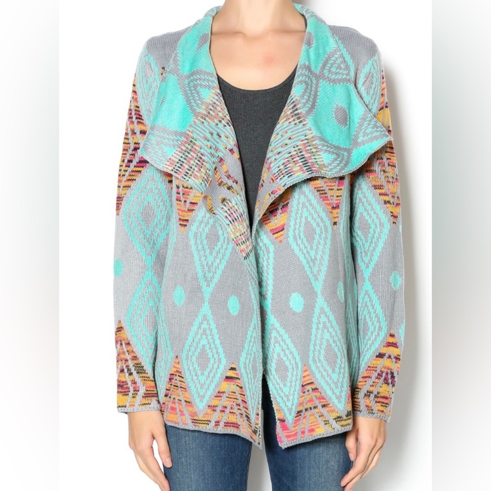 Petrol Womens Cardigan Blue Gray Aztec Knit Long Sleeve